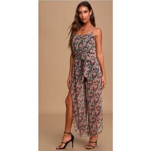 Lulus Flow With Me Black Floral Print Wide Leg Jumpsuit XS